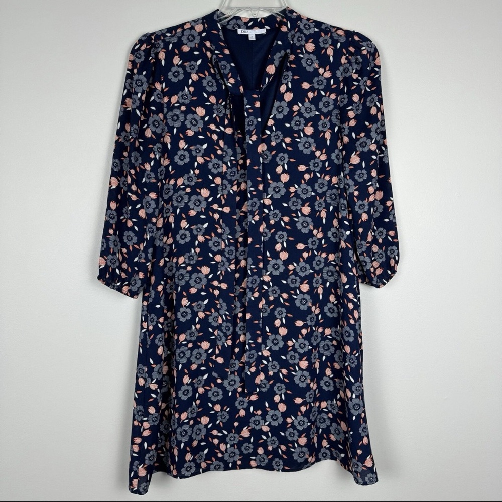 DR2 Navy Blue Shift Dress V-Neck 3/4 Sleeve Knee Length Lined Sz S Chiffon